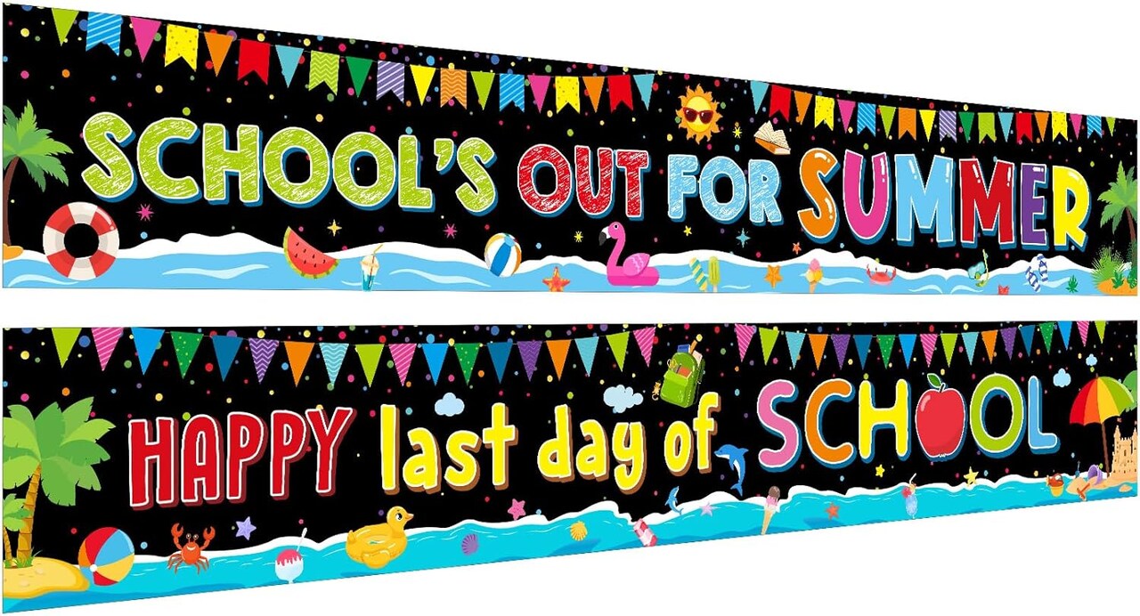 2‑Piece School’s Out for Summer Banner Set | Happy Last Day of School Backdrop, Graduation Photo Booth Props for Home & Classroom, Indoor/Outdoor Summer Party Decor